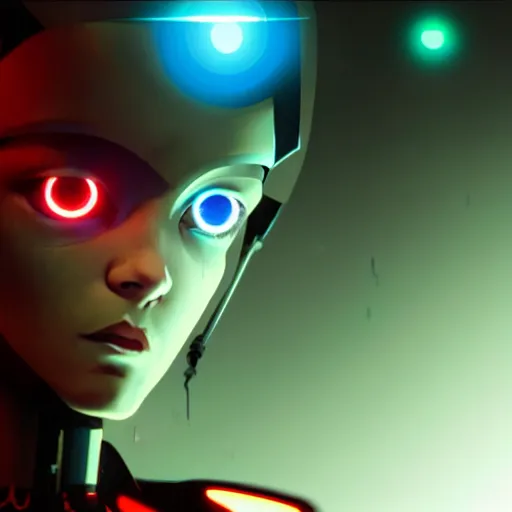 Image similar to cyberpunk movie still from the animatrix in the style of arcane : : small female android cyborg - angel, glowing red left eye and glowing blue right eye : : cinematic lighting, advanced digital cyberpunk art : : wlop, rossdraws sakimimichan, ilya kuvshinov, krenz cushart, greg rutkowski