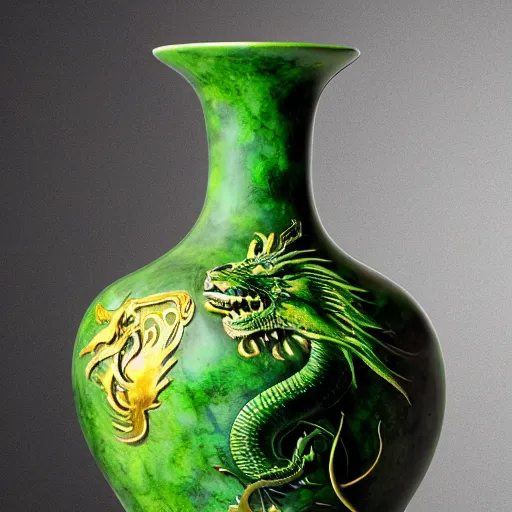 Prompt: vase in the shape of a dragon with green accents designed by leonardo da vinci