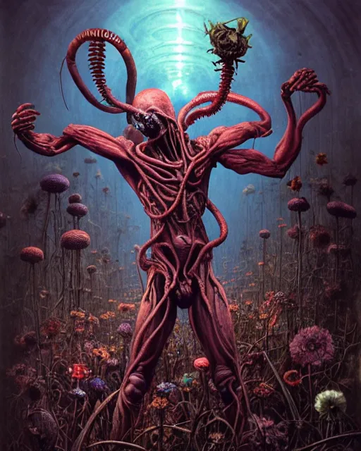 Image similar to the platonic ideal of flowers, rotting, insects and praying of cletus kasady carnage thanos dementor wild hunt chtulu mandala fritz the cat doctor manhattan bioshock xenomorph silent hill, ego death, decay, dmt, psilocybin, concept art by randy vargas and zdzisław beksinski