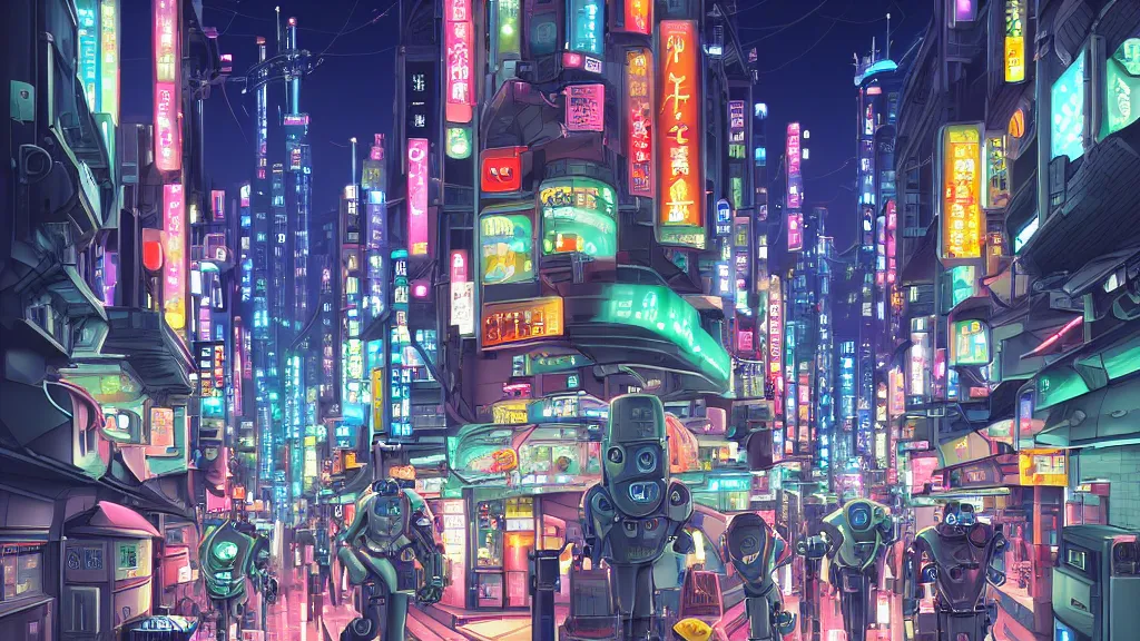 Image similar to street view of futuristic robot tokyo city at night by cyril rolando and naomi okubo and dan mumford and ricardo bofill. robots. robots walking the streets. advertisements for robots. robot shiba inu being walked by robots. robot city. neon advertisements.