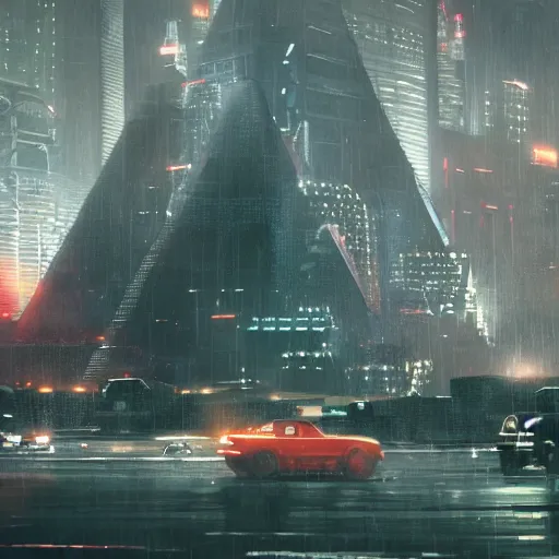 Prompt: gigantic chrome pyramid in the distance, brutalist, blade runner, sci fi, stunning detail, cityscape, cyberpunk, wet street, 8k, cinematic lighting, ultra realistic, colorful, neon, octane rendered,