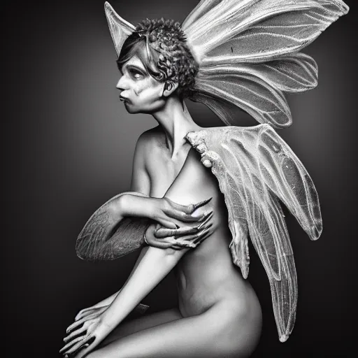 Prompt: bone fairy portrait, she is made of bones studio lighting, portrait photography, black - and - white photography, hyper realism, fantasy, 4 k,