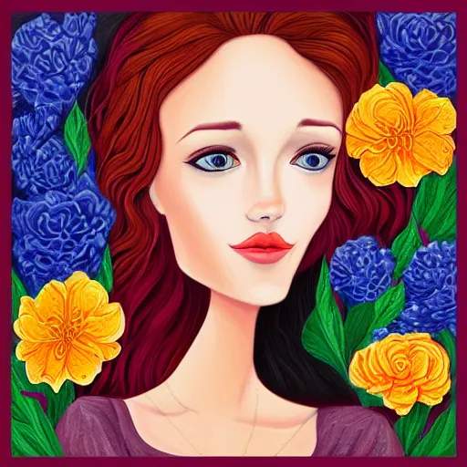 Image similar to portrait of beautiful woman by jeremiah ketner, digital, detailed, textured hair, flowers