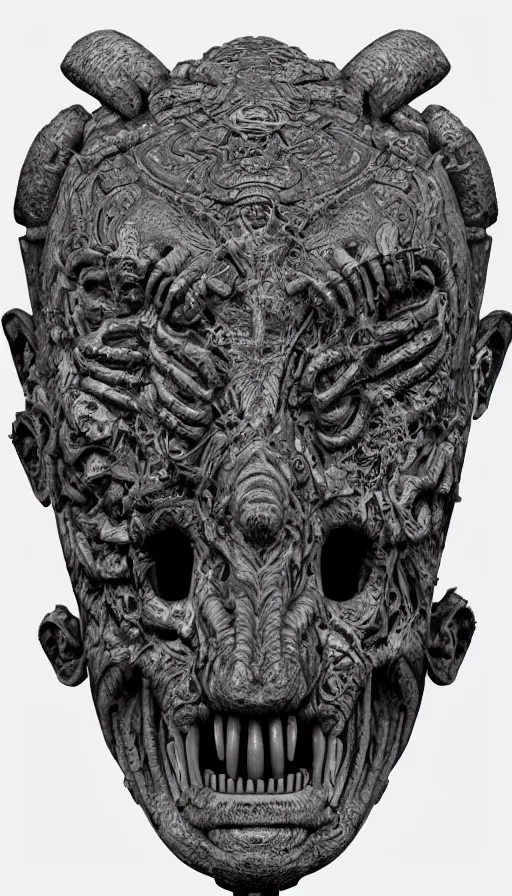 Image similar to ancient biomechanical hybrid aztec fantasy human demon face mask tattoo pattern concept, teonanacatl glyph, intricate artwork by, Johnatan Wayshak, Zdizslaw Beksinski, Artgerm, H.R. Giger, very coherent artwork, cinematic, hyper realism, high detail, octane render, unreal engine, 8k, High contrast, higly detailed black ink outline, crosshatch sketch gradient