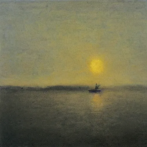 Prompt: silhouette of an old man fishing from a tiny boat at dawn, tonalism