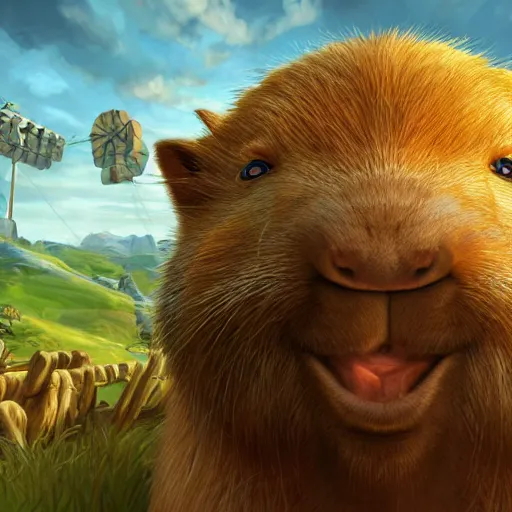 Image similar to A portrait of an capybara selling products, artwork by World of Warcraft Direction Art, detailed, dynamic, cinematic composition