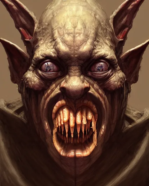 Image similar to closeup profile face portrait of a medieval goblin eating cakes in the cathedral, beautiful face, hyper realistic, highly detailed, digital painting, artstation, illustration, concept art by hyung tae, frank frazetta, bosch, giger, digital paint, matte paint, washed colors, dark, gloomy, detailed and intricate environment