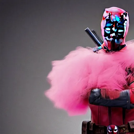 Image similar to Deadpool wearing a pink tutu doing a ballerina pose, holding his bloody katana, smiling at the viewer