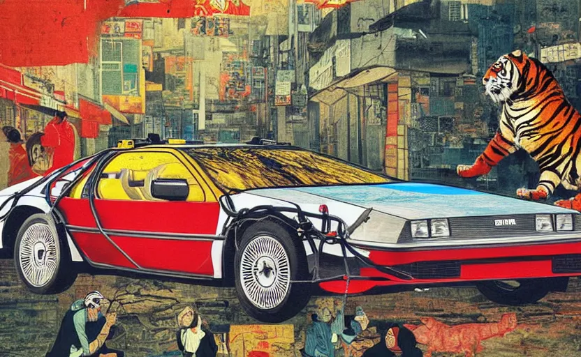 Prompt: a red delorean and a yellow tiger in ajegunle slum of lagos - nigeria, painting by hsiao - ron cheng, utagawa kunisada & salvador dali, magazine collage style,