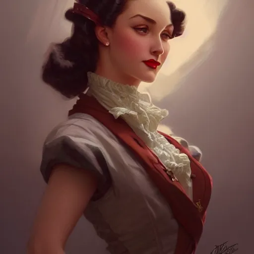 Prompt: a woman dressed in 1940's fashion, D&D, fantasy, intricate, elegant, highly detailed, digital painting, artstation, concept art, matte, sharp focus, illustration, art by Artgerm and Greg Rutkowski and Alphonse Mucha