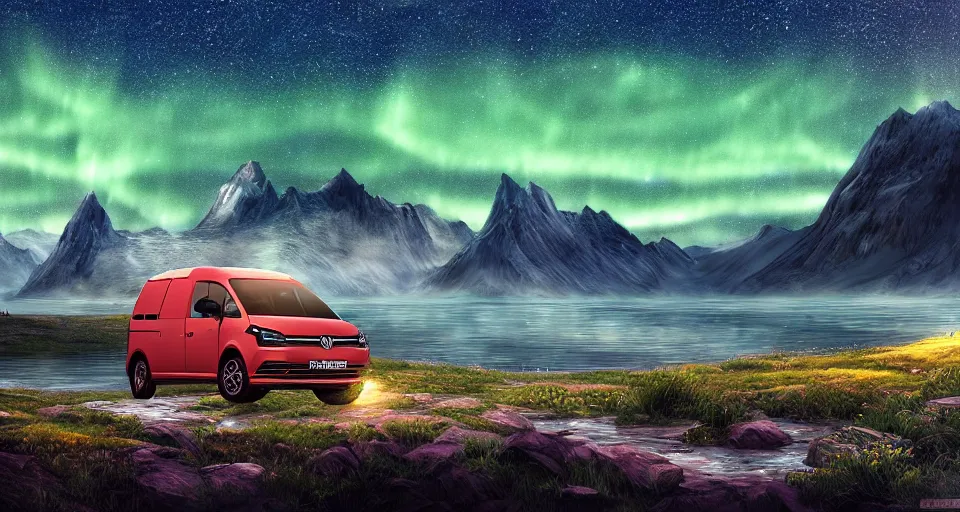 Image similar to An epic fantasy style landscape painting of a Mountainrange and a lake, with a starry sky and aurora and a Volkswagen Caddy Campervan, unreal 5, DAZ, hyperrealistic, octane render, dynamic lighting