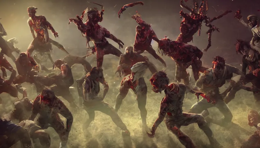 Prompt: full - body action shot of bts as heroes fight a horde of zombies, in the style of k - pop, epic, cinematic, volumetric lighting, symmetry, octane render, artstation, highly - detailed, unreal 5, realism,