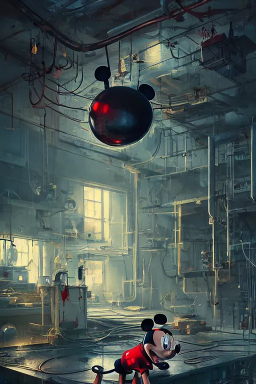 Image similar to mechanics fixing bloody mickey mouse head, mechanic facility, made by beeple, cgsociety, artgerm, greg rutkowski, highly detailed intricate 4 k art, low light cinematic, octane render, unreal engine,