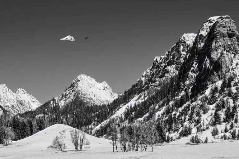 Image similar to distant dinosaur in a valley, huge snowy peaks, in the style of ansel adams, black and white, old, master photography