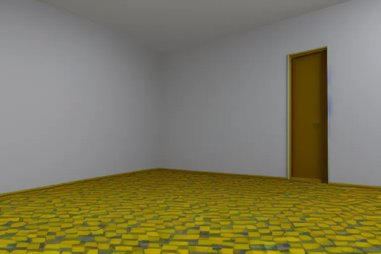 Image similar to 3 d render of jerma 9 8 5, jerma in endless halls of empty office space with worn light mono - yellow 7 0 s wallpaper, old moist carpet, and inconsistently - placed fluorescent lighting | liminal space | non - euclidean space | high octane | blender | 3 d render