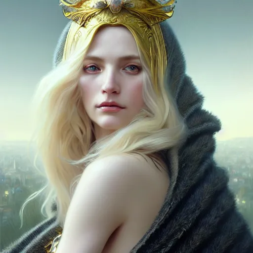 Image similar to portrait painting of a beautiful blonde lady with a kind face wearing a feathered cloak and a fancy dress, ultra realistic, concept art, intricate details, eerie, highly detailed, photorealistic, octane render, 8 k, unreal engine. art by artgerm and greg rutkowski and charlie bowater and magali villeneuve and alphonse mucha