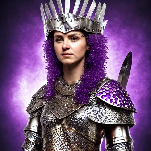 Prompt: full body photo of a beautiful warrior queen wearing amethyst encrusted armour, highly detailed, 4 k, hdr, smooth, sharp focus, high resolution, award - winning photo