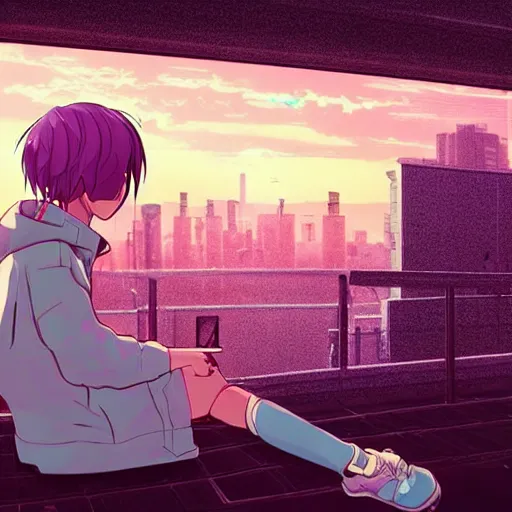 Prompt: android mechanical cyborg anime girl child overlooking overcrowded urban dystopia sitting. Pastel pink clouds baby blue sky. Gigantic future city. Raining. Makoto Shinkai. Wide angle. Distant shot. Purple sunset. Sunset ocean reflection. Pink hair. Pink and white hoodie. vaporwave.