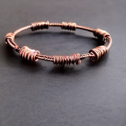 Prompt: copper wire, pseudomorph stone bracelet, bronze age, jewelry concept