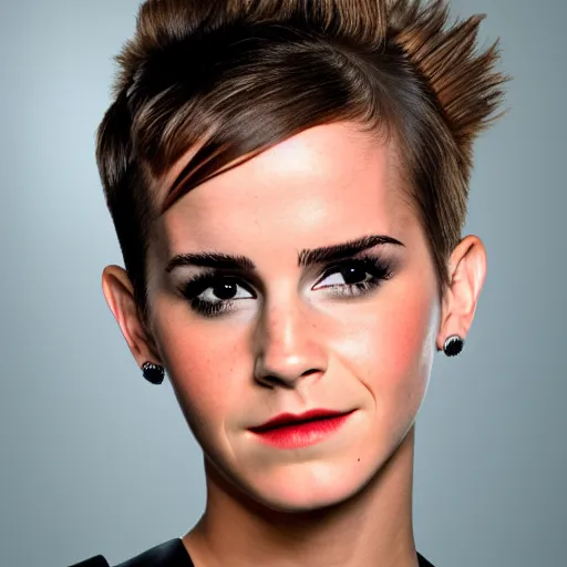 Prompt: Mohawk hairstyle, Emma Watson with a mohawk hairstyle, headshot, 200mm, canon, f5.6
