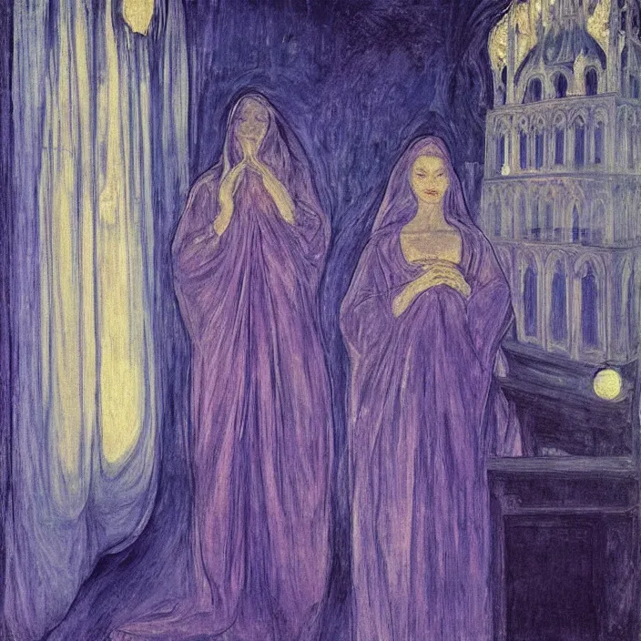 Prompt: woman in transparent vaporous night gown with demonic luminescent white apparition, with city with gothic cathedral seen from a window frame with curtains. night, vivid iridescent psychedelic colors, lamps. fra angelico, munch, egon schiele, henri de toulouse - lautrec, utamaro, monet, agnes pelton