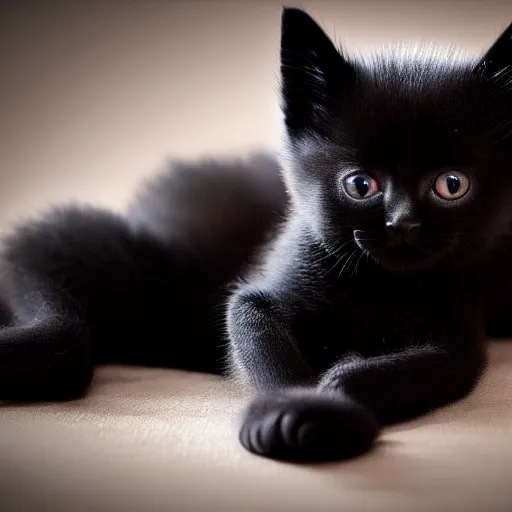 Image similar to black kitten! laying on it ‘ s back showing it ‘ s fluffy belly while looking at the camera!, photorealistic, anatomically correct, sharp focus, 4 k, beautiful,