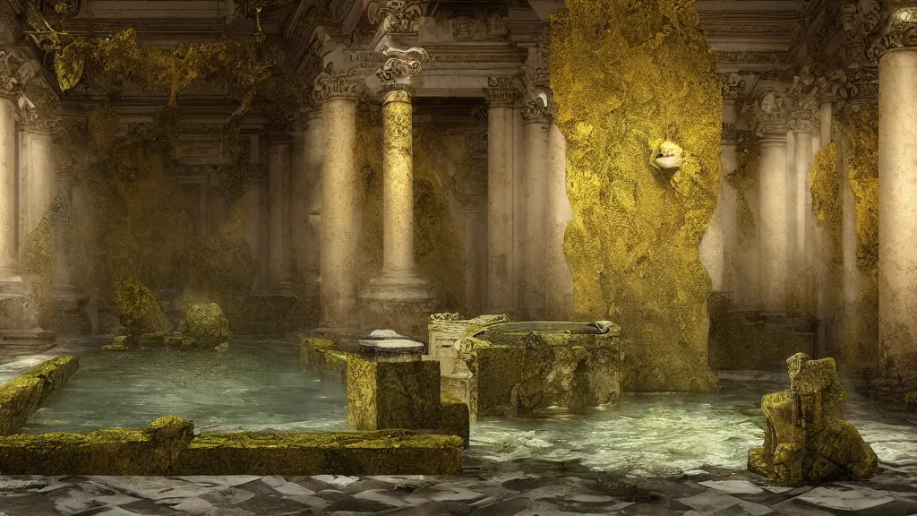 Prompt: roman bath, marblefloor with gold pattern, golden snakes, mossy pillar, ruin, godrays, fog, waterfall, cgsociety,