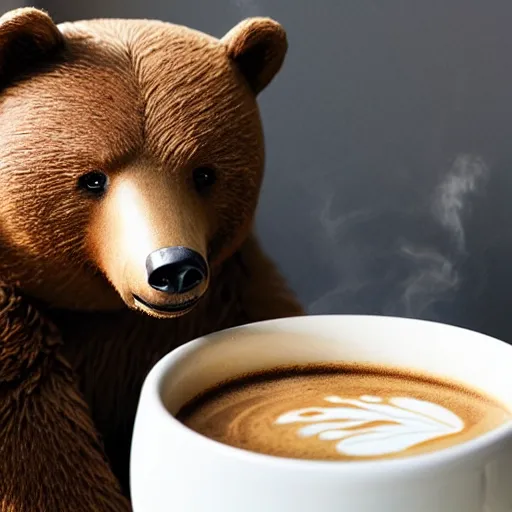 Image similar to a realistic photo of a bear making coffee in a coffee shop