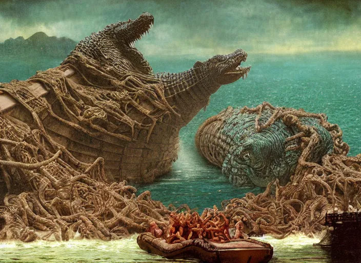 Image similar to photo of wet slimy godzilla attacking the raft of the medusa, by lawrance alma - tadema by roger corman by richard corben by rick baker, fujifilm velvia 5 0. masterpiece, intricate, hyper realism, high detail, octane render, unreal engine, 8 k