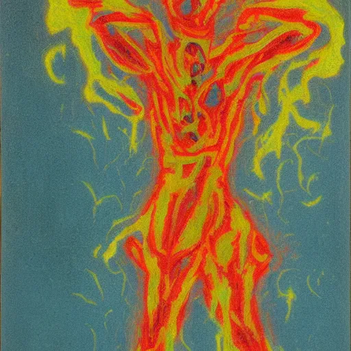 Image similar to artificial pastel by billy childish. a beautiful computer art of a bright & fiery soul a power to do great things ; but i fear you may one day unleash such a tempest of fire that you may consume yourself, & all the world around you.
