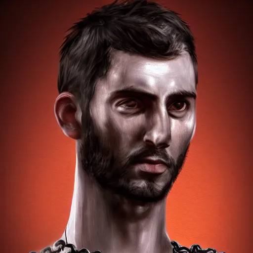 Image similar to realistic portrait, 30 year old man :: athletic, rough, angered :: short black hair, dark taint :: chain mail :: high detail, digital art, RPG, concept art, illustration