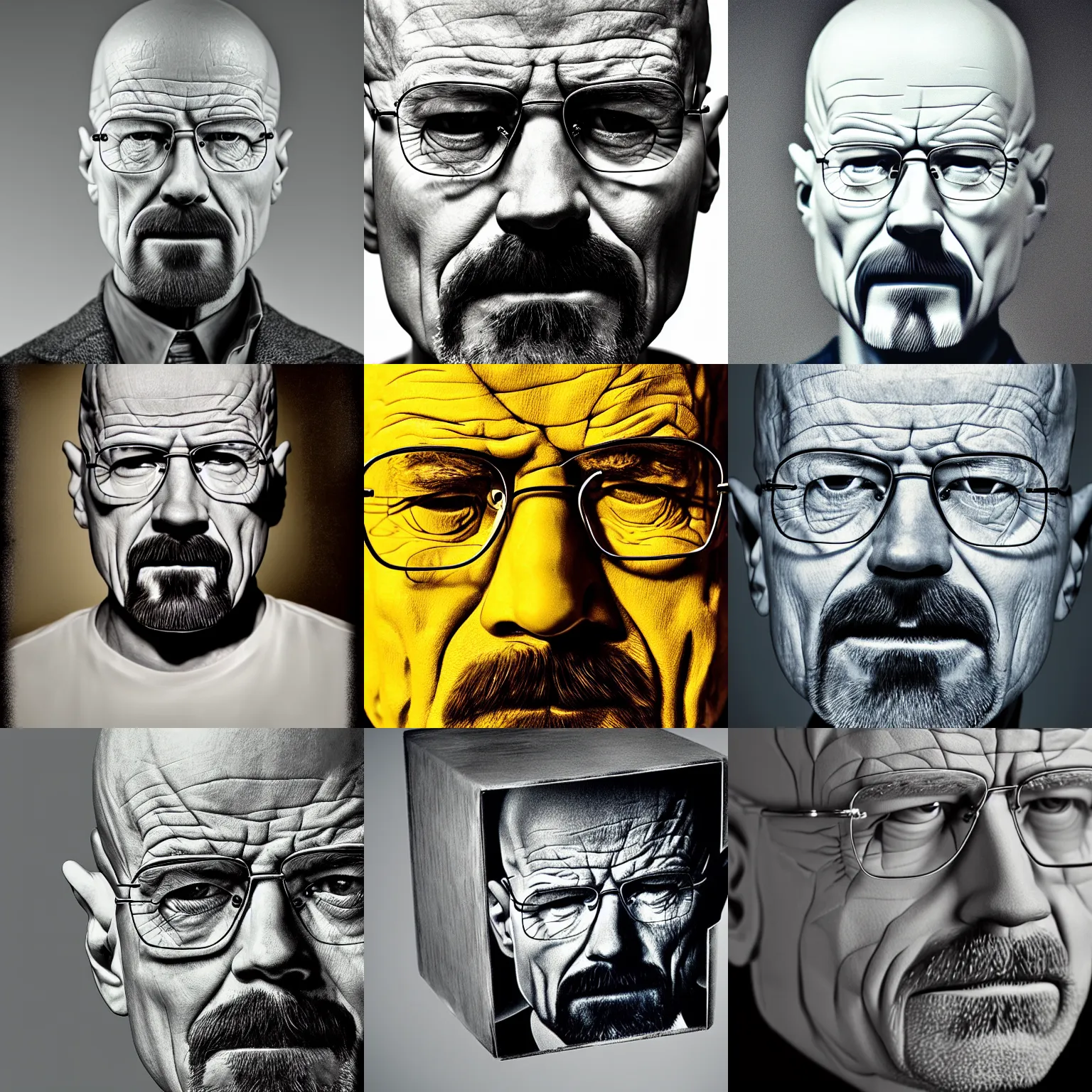 Prompt: a cube made of walter white, studio photography, close up