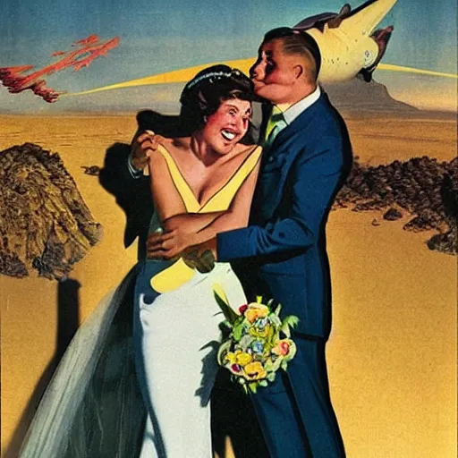 Image similar to i wouldn't marry you if you were the last man on earth!, apocalypse wedding, crying sad unhappy bride, laughing groom, doomsday by gil elvgren and margaret brundage and chesley bonestell