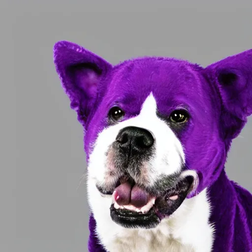 Prompt: a purple dog wearing a white top hat