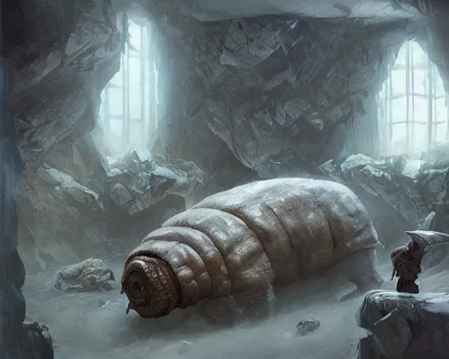 Image similar to a tardigrade!!! in a luxury hotel! suite room in the style of prehistoric! iceage, art by greg rutkowski and artgerma, stunning! concept art, interior! design