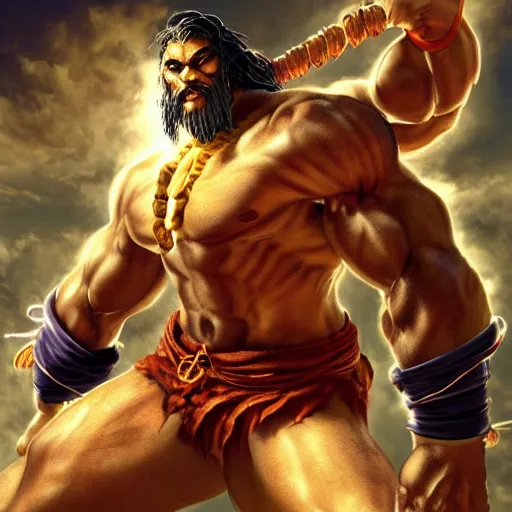 Image similar to jason momoa as dhalsim street fighter, ultra realistic, concept art, intricate details, highly detailed, photorealistic, octane render, 8 k, unreal engine, art by frank frazetta, simon bisley, brom