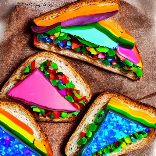 Prompt: an extremely high quality photo of a surreal rainbow-opal-topaz-sandwich, the polymer clay ((sandwich)) creation, a hybrid mixture of sandwichopalrainbow and opalrainbowtopaz, promotional photo, 4k polymer clay food photography