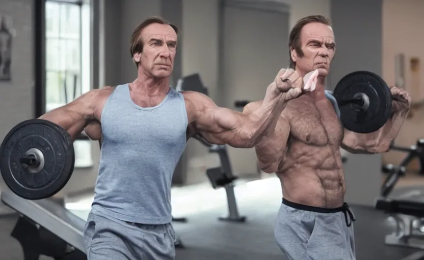 Image similar to muscular Saul Goodman working out, movie still, photorealistic