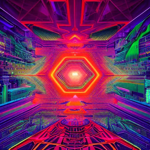 Image similar to matte painting of the sacred geometry of cyberpunk, brilliant colors, extremely detailed, very very detailed, in the style of alena aenami by Alex grey, HD, 4k, 8k