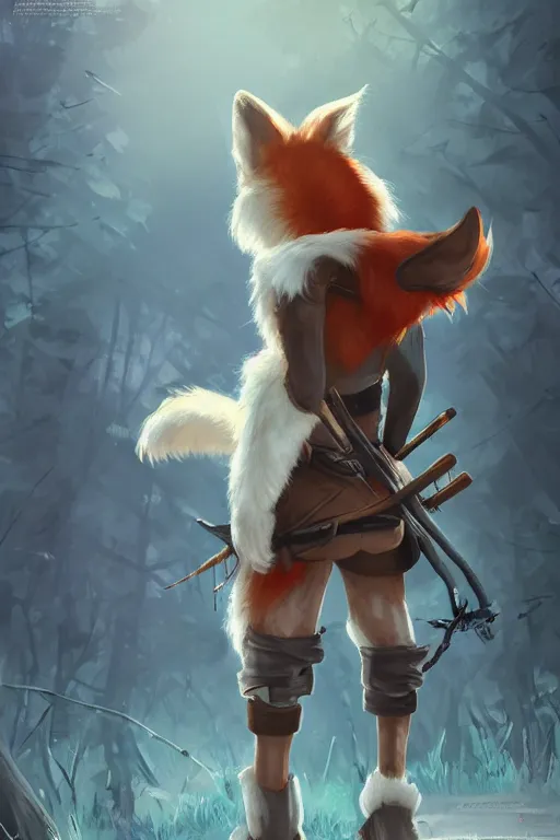 Prompt: a medevial anthropomorphic fox assassin with a fluffy tail in a forest, trending on artstation, detailed, anime, warm lighting, backlighting, by kawacy, trending on furaffinity, furry art, fantasy art, assassins creed, cgi
