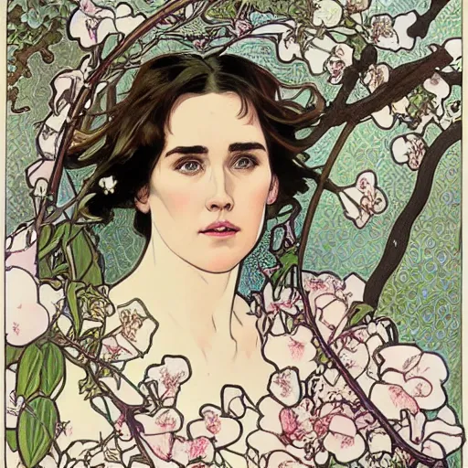 Prompt: realistic detailed Art Nouveau lithograph frontal portrait of Jennifer Connelly surrounded by blossoming magnolia branches by Alphonse Mucha and Mark Brooks