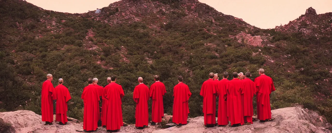 Prompt: a group of priests standing around a forbidden bright red pool on top of a mountain, nighttime, canon 5 0 mm, cinematic lighting, photography, retro, film, kodachrome