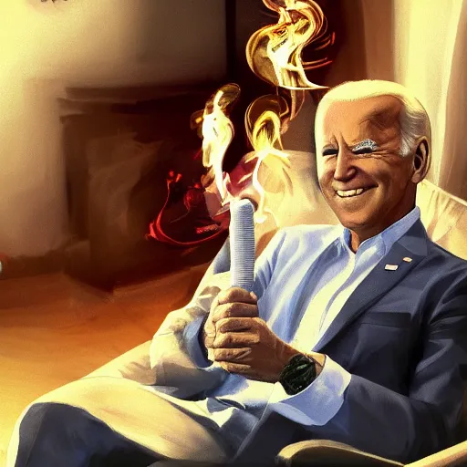Image similar to joe biden holding a giant smokey joint while sitting on a couch in a messed up apartment, stoned eyes, smoke, beautiful digital art, amazing detail, artstation, award winning, sharp