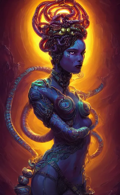 Prompt: An epic fantasy comic book style portrait painting of a very beautiful nebulapunk Medusa with symmetrical facial features and lots of cyberpunk bio-luminiscent snakes as hair, awesome pose in the center of the image, vibrant dark mood, unreal 5, hyperrealistic, octane render, cosplay, RPG portrait, dynamic lighting, intricate detail, cinematic, HDR digital painting, 8k resolution, enchanting, otherworldly, Hyperdetailed, Gsociety, trending on ArtstationHQ, dreamscape.