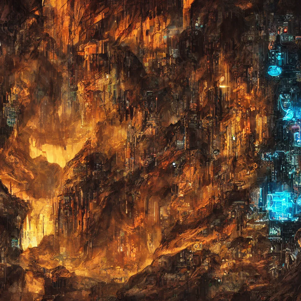 Image similar to a cave painting of a cyberpunk cave