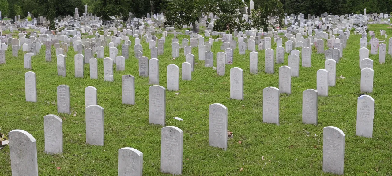 Prompt: graveyard where all the gravestones are arranged like dominoes that are falling over in line