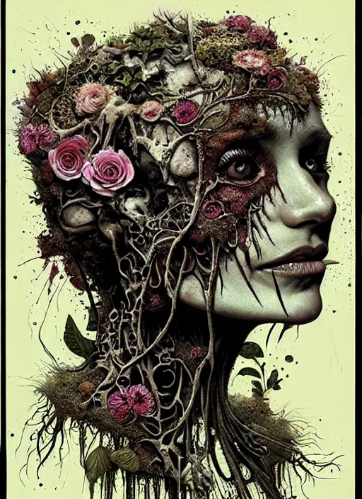 Prompt: beautiful and detailed rotten woman corpse with fractal plants and many different types of flowers growing around, muscles, veins, arteries, intricate, organs, ornate, surreal, john constable, guy denning, dan hillier