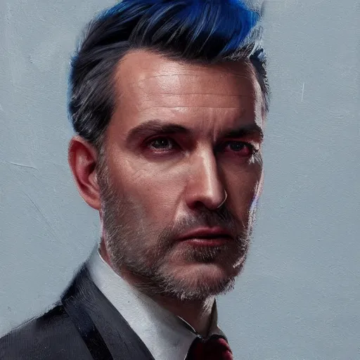 Image similar to A painting of a 40 year old man with sharp facial features and a light stubble, grey hair, blue eyes, beautiful and detailed, he is wearing a crimson red velvet suit, oil painting, by Greg Rutkowski, trending on artstation