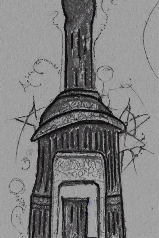 Image similar to a mosque in space in the style of a rough charcoal sketch