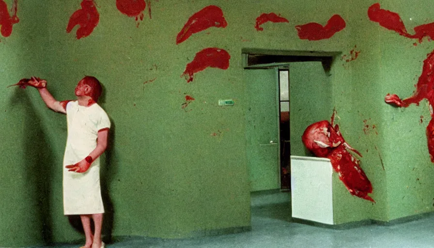 Prompt: 60s movie still of a disformed homunculus with bloody beak in a green wall hospital, eastmancolor, heavy grain, high quality, higly detailed, liminal space